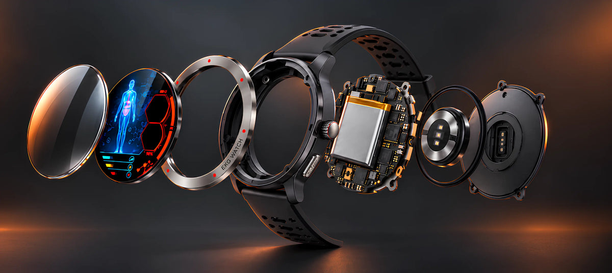 Opengewerkte weergave van de Smart Pro Vital met het gehard mineraalglas, de metalen bezel, het AMOLED-scherm, de kunststof behuizing, de 280 mAh-batterij en de sensor aan de achterzijde