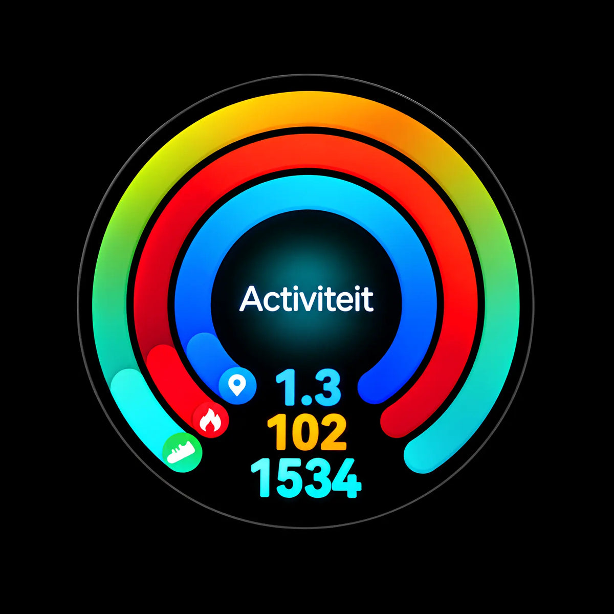 Smart Pro Vital toont de activiteitsringen van de dag met 1,3 kilometer, 102 calorieen en 1.534 stappen