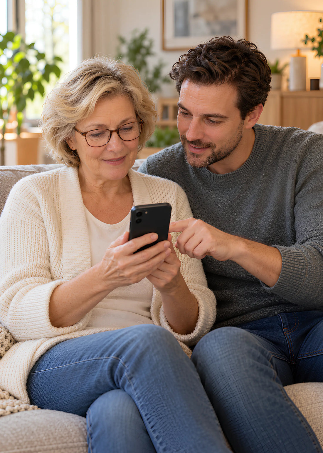 Oudere vrouw en zijn volwassen zoonzitten samen op de bank en kijken op een smartphone