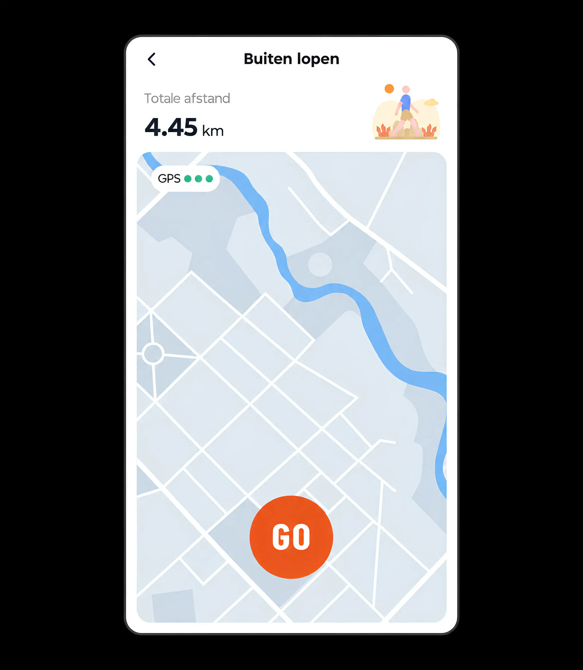 Scherm van de app met de afgelegde route van 4,45 kilometer op de kaart