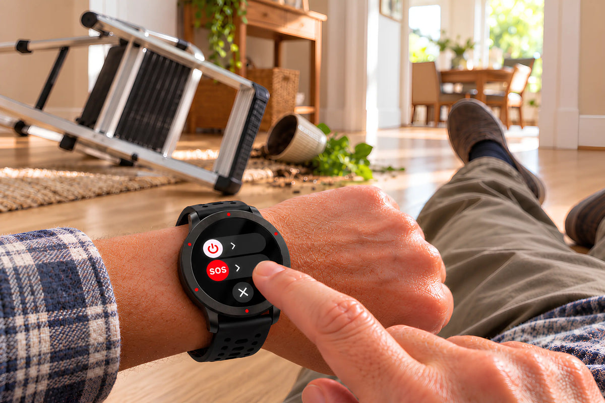 Vrouw van rond de zestig in de tuin drukt de zijknop van haar smartwatch in